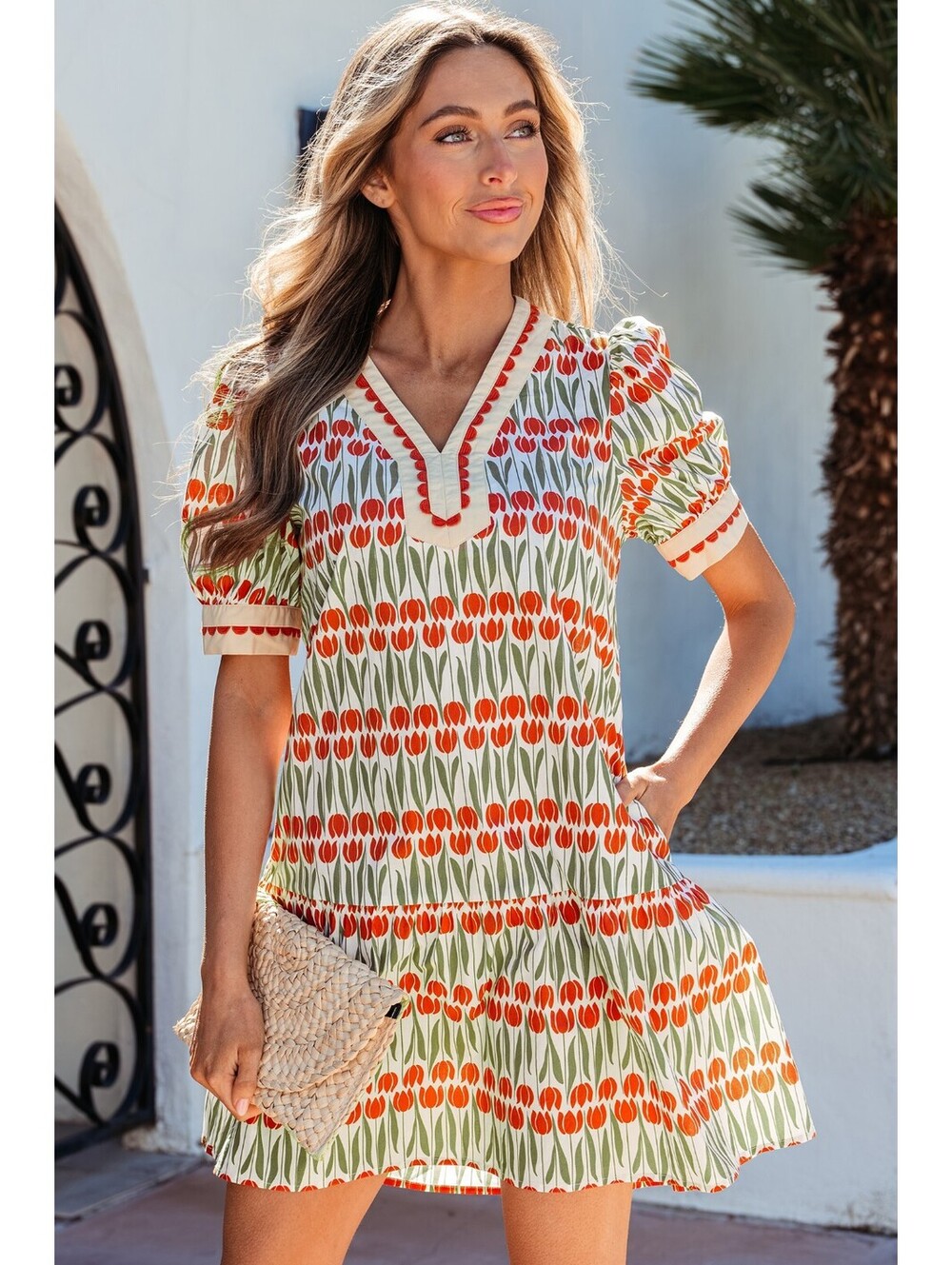 Floral Print Short Sleeve V-Neck Mini Dress with Puff Sleeves